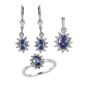 Tanzanite Jewelry Set Sunburst Earrings Ring and Pendant Platinum Over Sterling